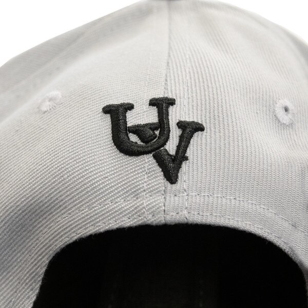 Structured adjustable grey vintage hat with black accents from the back with a retro UV logo embroidered on the back